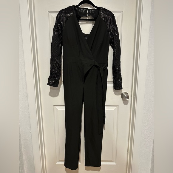 Little Mistress wrap front jumpsuit sequin sleeves. - Picture 10 of 11